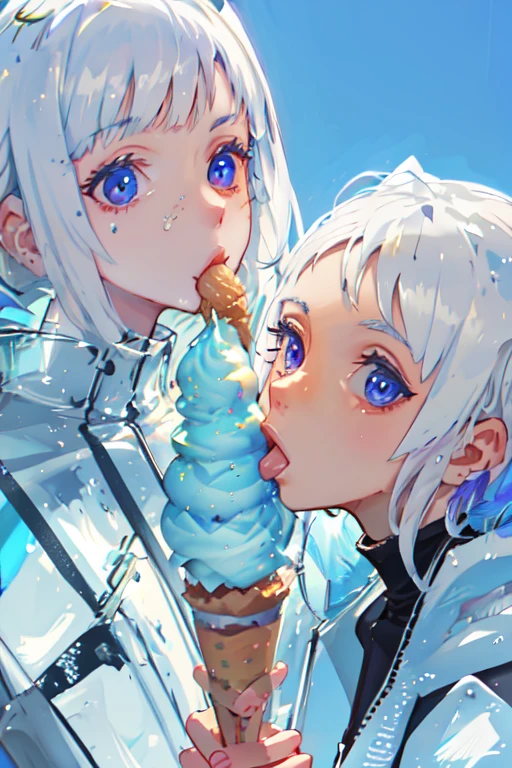 best quality, ultra detailed, beautiful detailed face, coopfellatio, fellatio, licking,1boy,2girls, ice-cream, <lora:coop_Fellatio:1>,