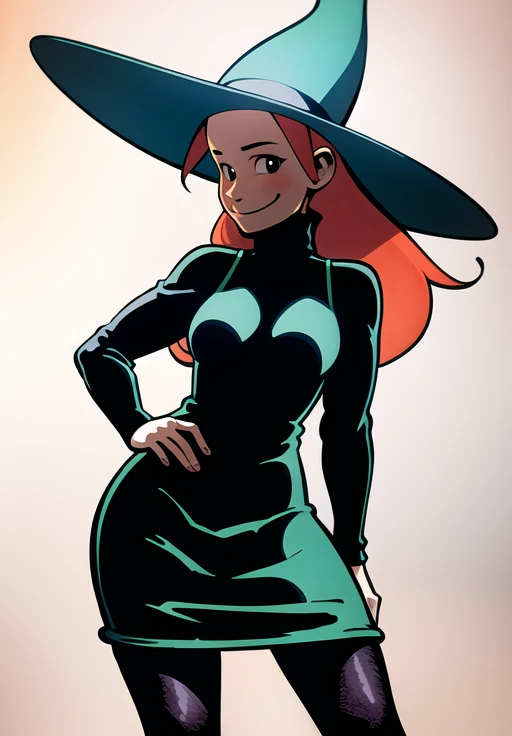 masterpiece, realistic, photorealistic, best quality, 1girl, solo, highres, absurdres,  <lora:MelusineV2:1>, melusine, standing, smile, dress, turtleneck, pantyhose, witch hat, cowboy shot
