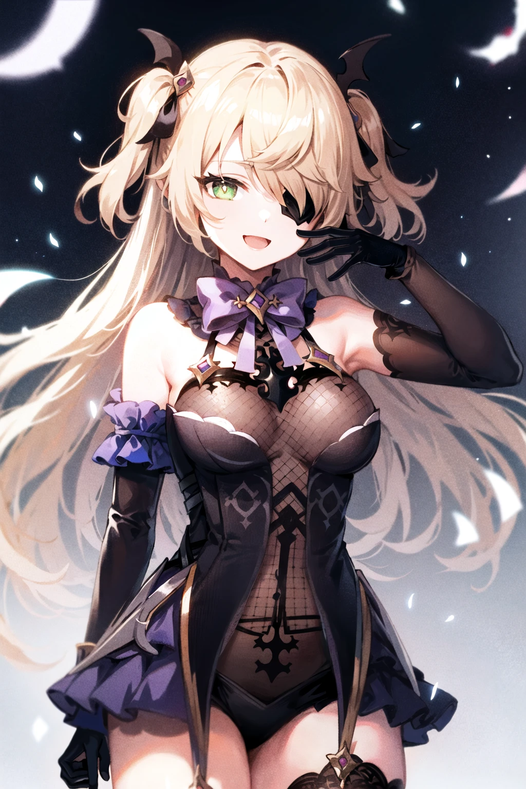 (Realistic painting style:1.1), masterpiece, best quality, absurdres, fischl (dunkelnacht sakrament) (genshin impact), green eyes, (white pupils:1.2), fischl (genshin impact), medium_, asymmetrical sleeves, detached collar, detached sleeves, 1girl, solo, two side up, blonde hair, eyepatch, long hair, thighhighs, gloves, looking at viewer, open mouth, garter straps, bow, smile, breastse thighhigh, hair over one eye, single glove, bowtie, bangs, black background, dress, black thighhighs, bare shoulders, fishnets, ribbon, hair ribbon, medium breasts, purplblack gloves, purple bowtie, bodystocking, single leg pantyhose, cowboy shora:fischl_v2_896_lion_optimizer_dim64_kohya_LoCon_fp16_1e-1noise_token3_13-3-2023:1>