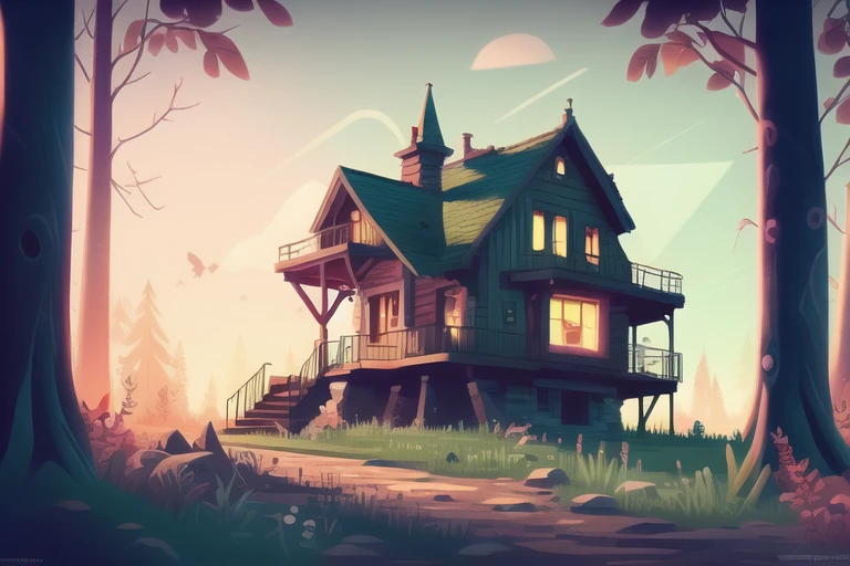 (one small hobbithouse in the middle of a forest with a round door and round windows on its side and a pathway leading to it, at sunset), (Low-angle perspective), (natural lighting), (Wide-angle lens capturing scenery), hidden objects games, video game concept art, (8K Unity wallpaper), fine details, award-winning image, highly detailed, 16k, cinematic perspective, ((video game environment concept art style)), pretty colors, cinematic environment, architecture, gothic, home design, forest cabin, magical, dark aesthetic, cottage, fairytale, goth, goth aesthetic, fairy tail, luxury, no humans, scenery, tree, outdoors, stairs,Highly Detailed
<lora:flat illustration:1>