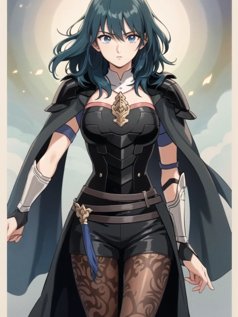 masterpiece, anime, high quality cg, best quality, perfect image, solo, abstract background, byleth (female), shoulder armor, cape, breastplate, shorts, belt, gauntlets, patterned pantyhose, tassel, blue hair, hair blowing in the wind