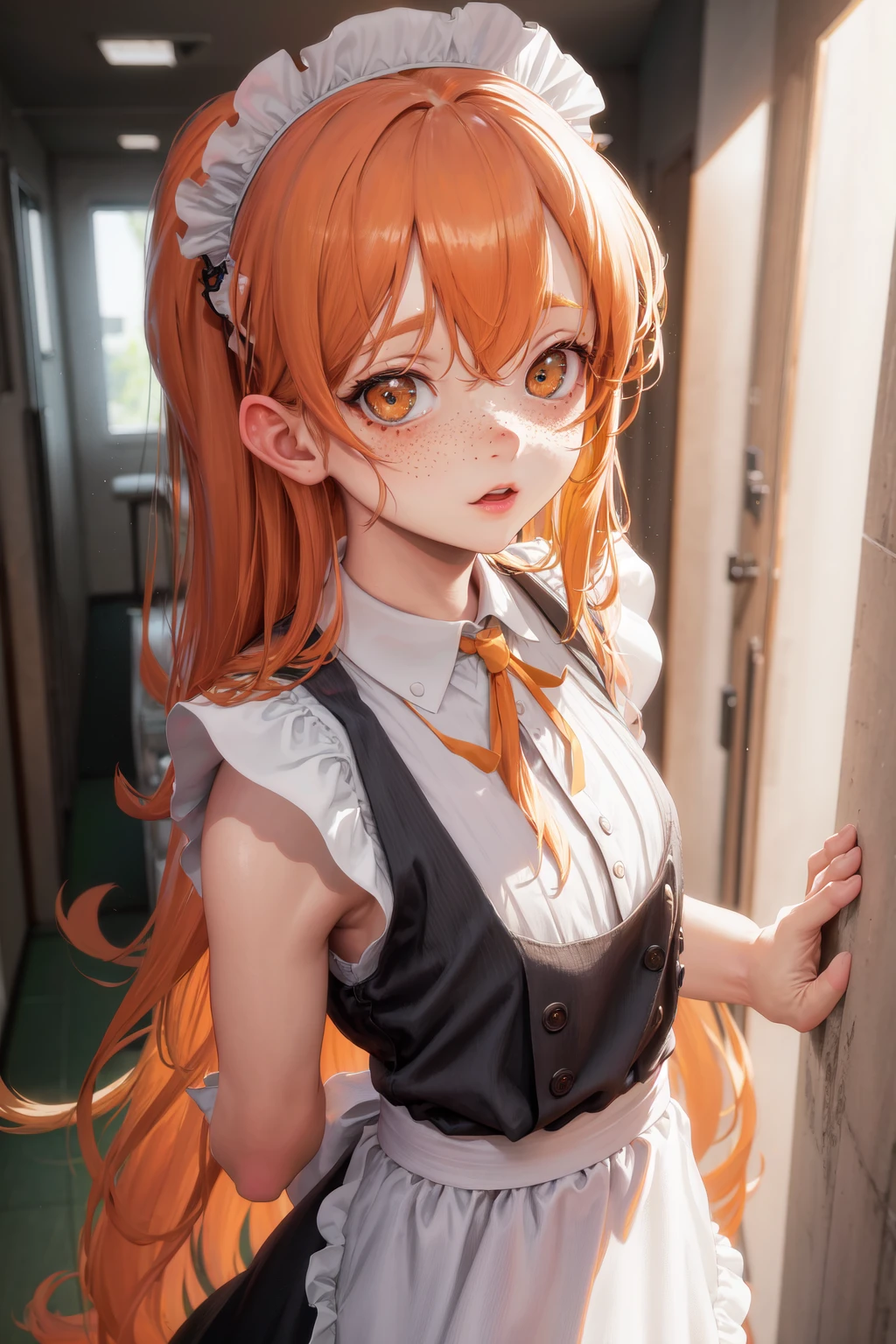 absurdly long (curly:1.0) orange hair, freckles(0.5), maid, pov, looking at viewer, close-up, hallway,