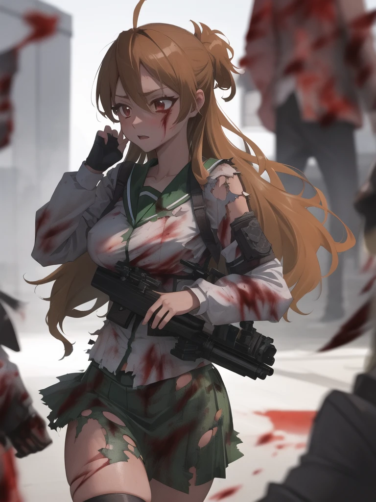 <lora:miyamoto_rei_v1.3:1.0>,
1girl, serafuku, green sailor collar, white shirt, green skirt, thighhighs, ponytail,high-waist skirt, black bow, long hair, blood, scared, torn clothes, torn legwear, torn shirt, torn skirt, surrounded, zombie, pov hands, fleeing, city, street, rifle, destruction,, masterpiece, best quality, highly detailed