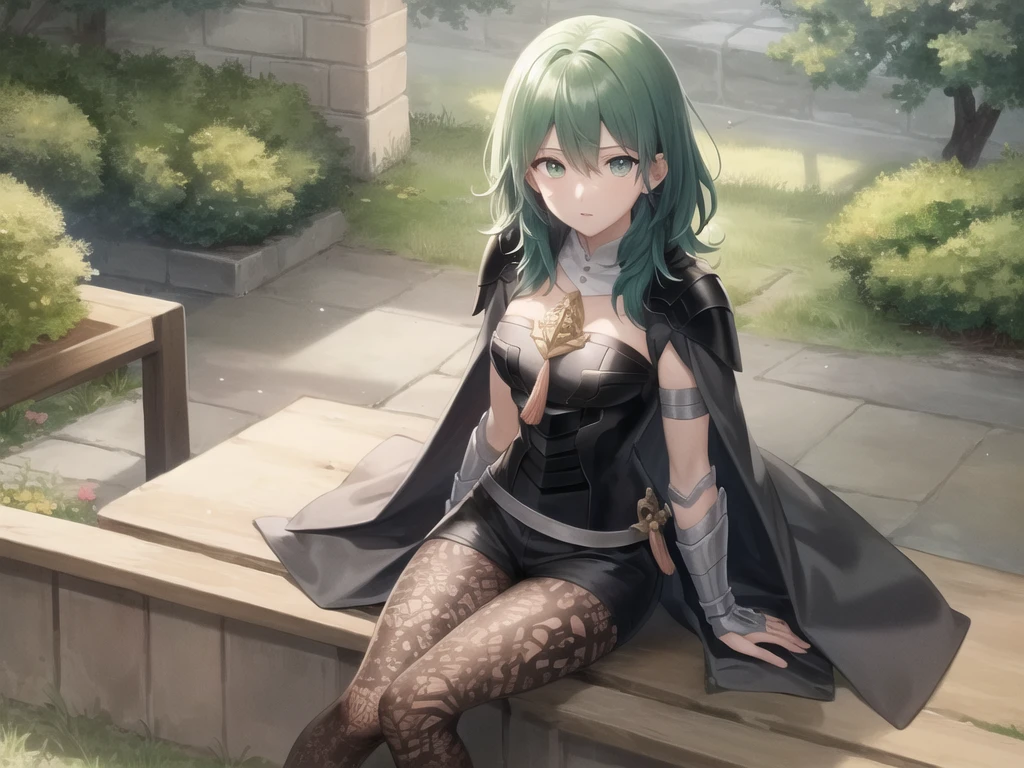 masterpiece, anime, high quality cg, best quality, perfect image, solo, sitting on a stone bench, castle garden, byleth (female), shoulder armor, cape, breastplate, shorts, belt, gauntlets, patterned pantyhose, tassel, lime green hair, green eyes