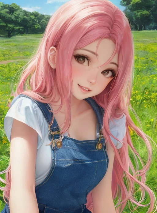 closeup portrait, professional portrait, front lit natural lighting, upper body, facing viewer, mouth open, beautiful woman (wearing denim overalls), <lora:BelleDelphineNewV3:0.8>, facing viewer, in on a farm, tractor, beautiful pink long hair, Instagram photo, belledelphine