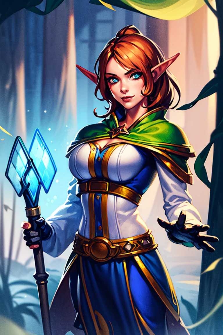 1girl, cowboy shot of beautiful elf druid, looking at viewer, dark forest, tree, particles, leafs, glowing flowers, volumetric lighting, best quality, masterpiece, realistic, <lora:sxz-wowstyle_v3_100_notxt:1>