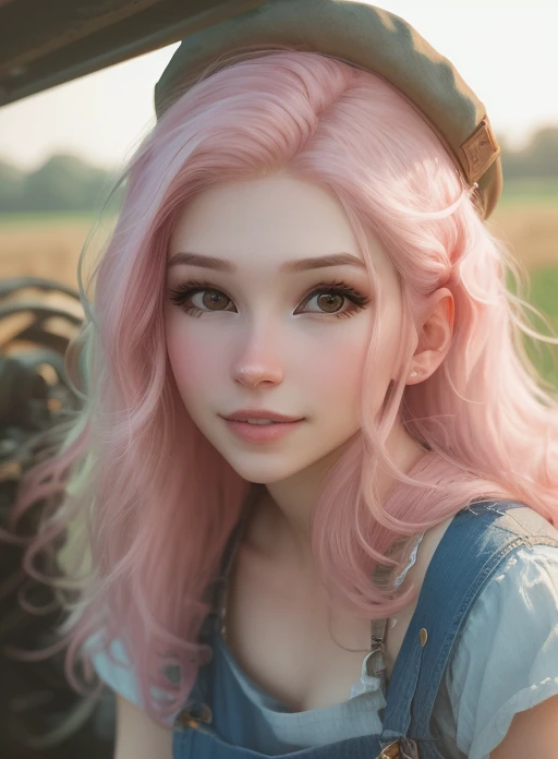 closeup portrait, professional portrait, front lit natural lighting, upper body, facing viewer, mouth open, beautiful woman (wearing denim overalls), <lora:BelleDelphineNewV3:0.75>, facing viewer, in on a farm, tractor, beautiful pink long hair, Instagram photo, belledelphine