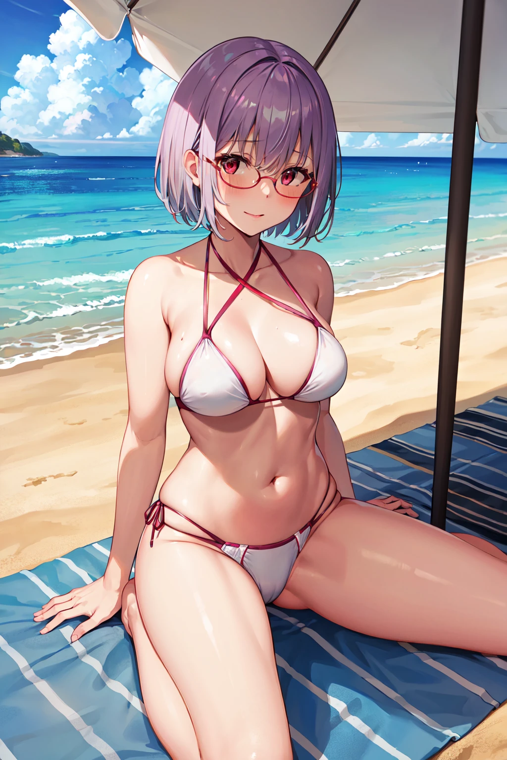 masterpiece, best quality, highres, 1girl, shinjou akane, short hair, breasts, bangs, red eyes, light purple hair, <lora:shinjou_akane_v2:0.5>, glasses, frilled bikini, white bikini, beach,