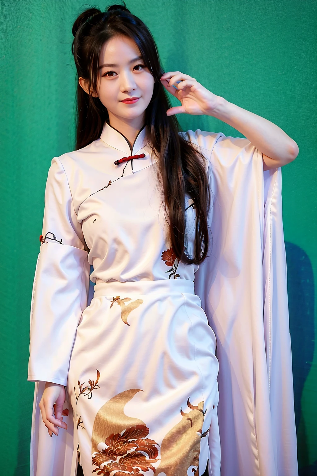 masterpiece, best quality, 1girl, aqua eyes, black hair, closed mouth, multicolored background, looking at viewer, outdoors, solo, upper body, alluring, clean, beautiful face, pure face, pale skin, sexy pose,((hanfu,chinese clothes)), long hair, ((perfect female figure)), mature female, milf, narrow waist, chinese deity, full body,