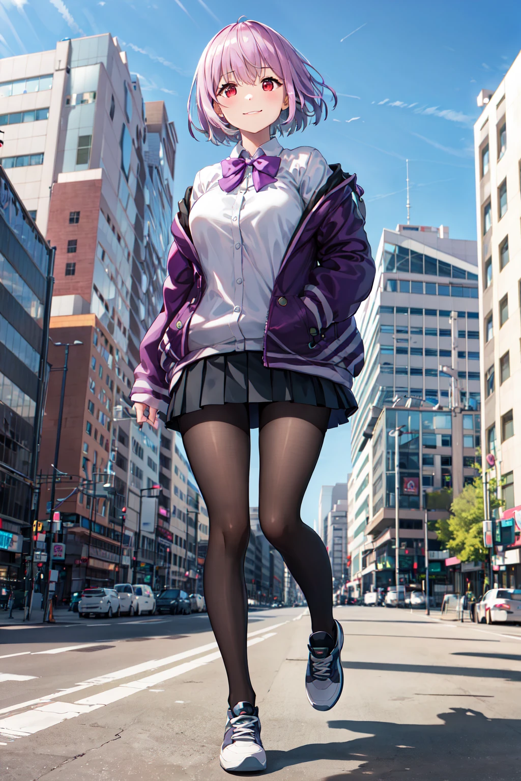 masterpiece, best quality, highres, shinjou akane, 1girl, solo, pantyhose, shirt, bow, skirt, purple jacket, jacket, white shirt, shoes, long sleeves, short hair, black skirt, collared shirt, black pantyhose, open clothes, bowtie, purple bow, breasts, bangs, red eyes, pleated skirt, off shoulder, open jacket, sleeves past wrists, light purple hair, purple bowtie, sneakers, miniskirt, <lora:shinjou_akane_v2:0.7>, outdoors, building, walking, hand in pocket,