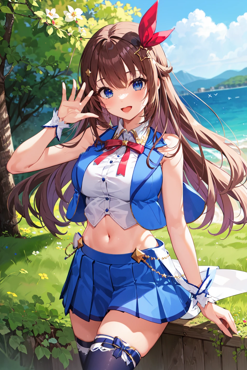 masterpiece, best quality, highres, 1girl, tokino sora, virtual youtuber, skirt, blue vest, shirt, long hair, red ribbon, blue eyes, ribbon, brown hair, sleeveless, cropped shirt, hair flaps, white shirt, hair ornament, sleeveless shirt, thighhighs, blue skirt, pleated skirt, cropped vest, hair ribbon, vest, navel, blue thighhighs, midriff, miniskirt, wrist cuffs, star hair ornament, thigh ribbon, waist cape, collared shirt, hairclip, crop top, bangs, neck ribbon, leg ribbon, breasts, bare shoulders, <lora:tokino_sora_v2:0.6>, outdoors, waving,