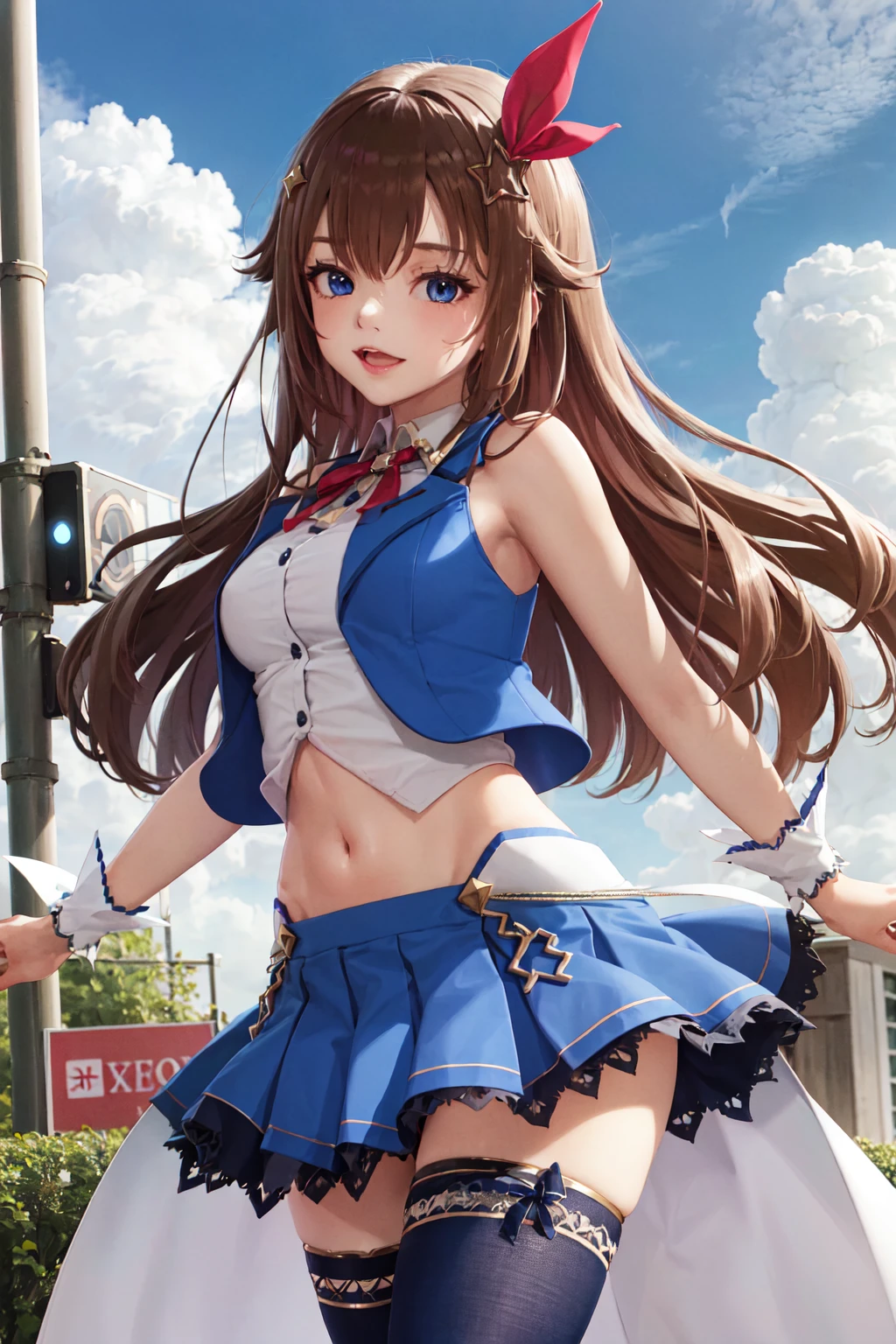 masterpiece, best quality, highres, 1girl, tokino sora, virtual youtuber, skirt, blue vest, shirt, long hair, red ribbon, blue eyes, ribbon, brown hair, sleeveless, cropped shirt, hair flaps, white shirt, hair ornament, sleeveless shirt, thighhighs, blue skirt, pleated skirt, cropped vest, hair ribbon, vest, navel, blue thighhighs, midriff, miniskirt, wrist cuffs, star hair ornament, thigh ribbon, waist cape, collared shirt, hairclip, crop top, bangs, neck ribbon, leg ribbon, breasts, bare shoulders, <lora:tokino_sora_v2:0.6>, outdoors, ulzzang-6500-v1.1