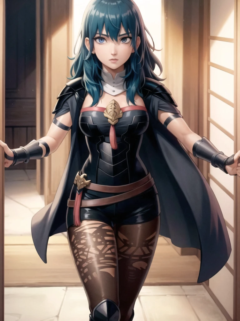 masterpiece, ultra high quality cg, anime, best quality, perfect image, solo, walking outdoors, indoors, byleth (female), shoulder armor, cape, breastplate, shorts, belt, gauntlets, patterned brown pantyhose, blue hair, tassel