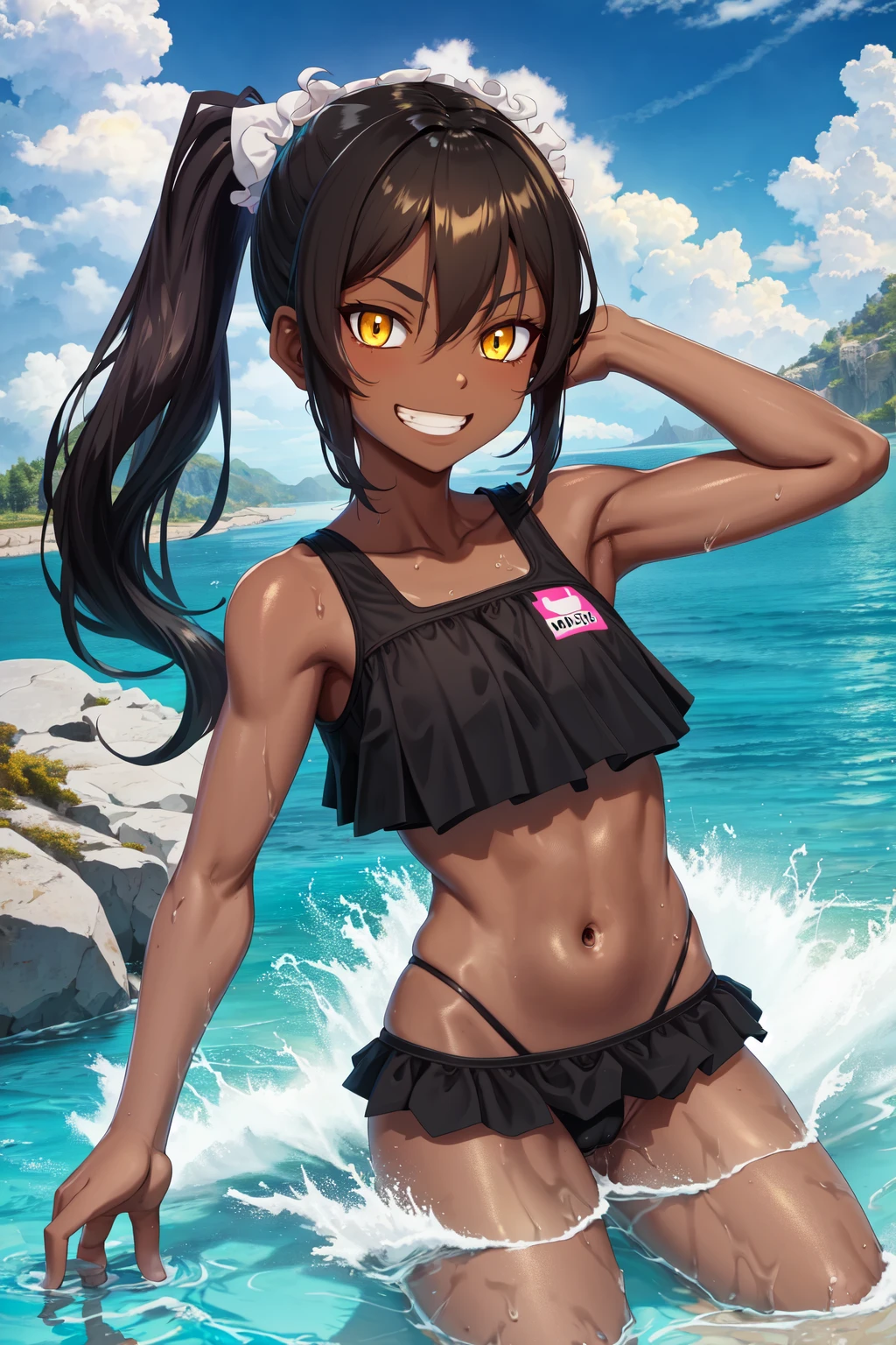 fit tomboy, athletic female, side ponytail, very dark skin, frilly bathing suit, landscape, (smug:1.0), river, small breasts, grin, sfw, yellow eyes, (abs:0.5)