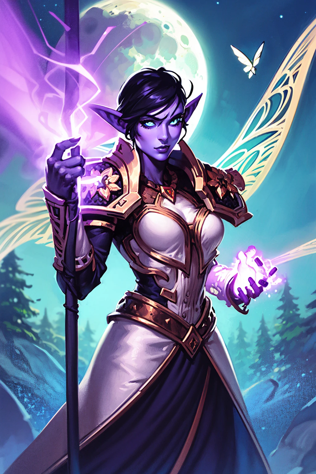 1girl, cowboy shot of beautiful elf druid, colored skin, purple skin, windblown black hair, long pointy ears, simple armored dress, pauldrons, flower diadem, looking at viewer, glowing butterfly, forest, moon, window, volumetric lighting, best quality, masterpiece, realistic <lora:sxz-wowstyle_v3_100_notxt:1>