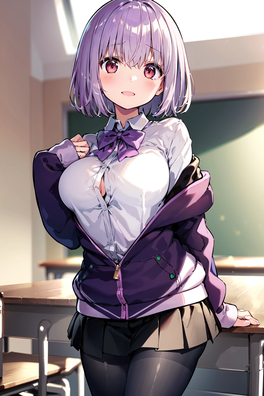 masterpiece, best quality, highres, shinjou akane, 1girl, solo, pantyhose, shirt, bow, skirt, purple jacket, jacket, white shirt, long sleeves, short hair, black skirt, collared shirt, black pantyhose, open clothes, bowtie, purple bow, breasts, bangs, red eyes, pleated skirt, off shoulder, open jacket, sleeves past wrists, light purple hair, purple bowtie, miniskirt, <lora:shinjou_akane_v2:0.6>, cowboy shot, classroom,