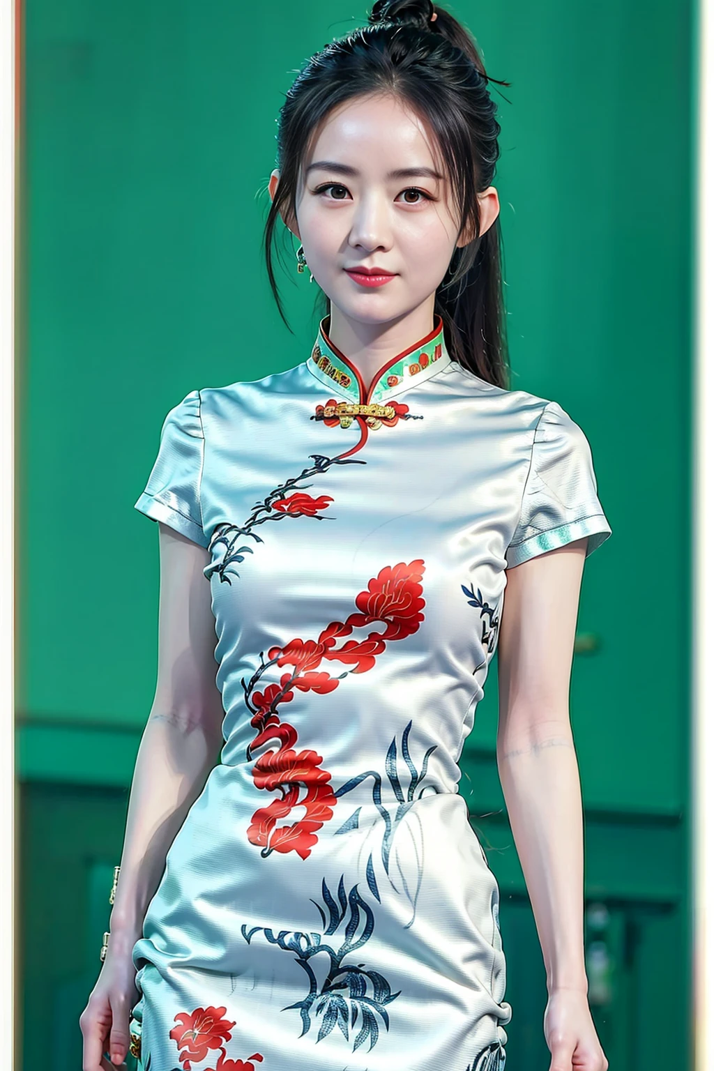 masterpiece, best quality, 1girl, aqua eyes, black hair, closed mouth, multicolored background, looking at viewer, outdoors, solo, upper body, alluring, clean, beautiful face, pure face, pale skin, sexy pose,((china dress,chinese clothes)), long hair, ((perfect female figure)), mature female, milf, narrow waist, chinese deity
