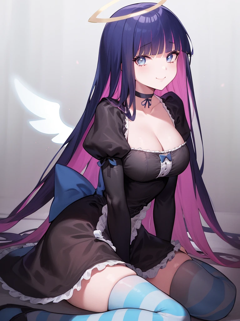 1girl, stocking_anarchy,black_dress, choker,bangs, blunt_bangs, bow, cleavage, collarbone, angel, angel_wings, detached_wings, dress, gradient, gradient_background, grey_background, hair_between_eyes, halo, looking_at_viewer, nail_polish, smile, solo, white_wings, wings, stocking_\(psg\), halo,lolita_fashion, long_sleeves, nail_polish, striped, striped_legwear,  <lora:StockingAnarchy_Mix:0.8>