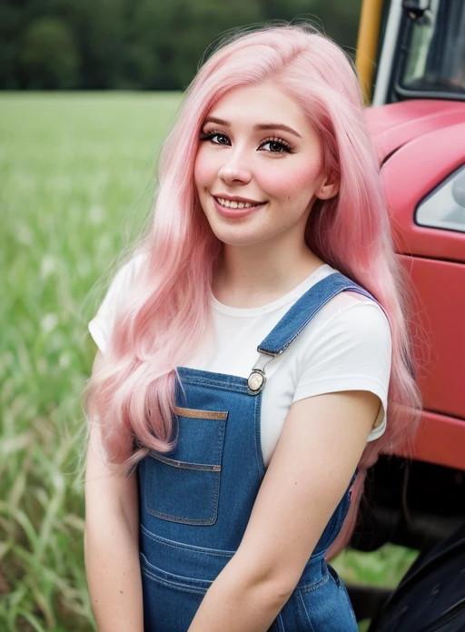 closeup portrait, professional portrait, front lit natural lighting, upper body, facing viewer, mouth open, beautiful woman (wearing denim overalls), <lora:BelleDelphineNewV3:0.9>, facing viewer, in on a farm, tractor, beautiful pink long hair, Instagram photo, belledelphine