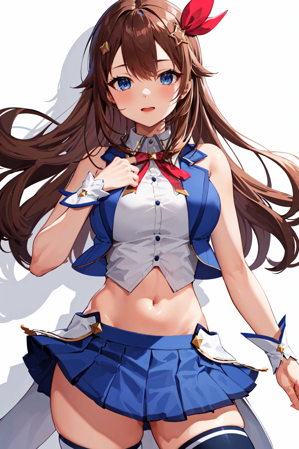 masterpiece, best quality, highres, 1girl, tokino sora, virtual youtuber, skirt, blue vest, shirt, long hair, red ribbon, blue eyes, ribbon, brown hair, sleeveless, cropped shirt, hair flaps, white shirt, hair ornament, sleeveless shirt, thighhighs, blue skirt,  pleated skirt, cropped vest, hair ribbon, vest, navel, blue thighhighs, midriff, miniskirt, wrist cuffs, star hair ornament, thigh ribbon, waist cape, collared shirt, hairclip, crop top, bangs, neck ribbon, leg ribbon, breasts, bare shoulders, <lora:tokino_sora_v2:0.6>, simple background,