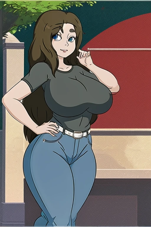 masterpiece, best quality, <lora:NeverSaint:0.75>, never saint, mature female, solo, 1girl, jeans, black t-shirt, brown hair, big hair, large breasts, brown belt, blue eyes, thick thighs, outdoors, city, gothic architecture, hair over one eye, close-up, long hair, curvy, wide hips,