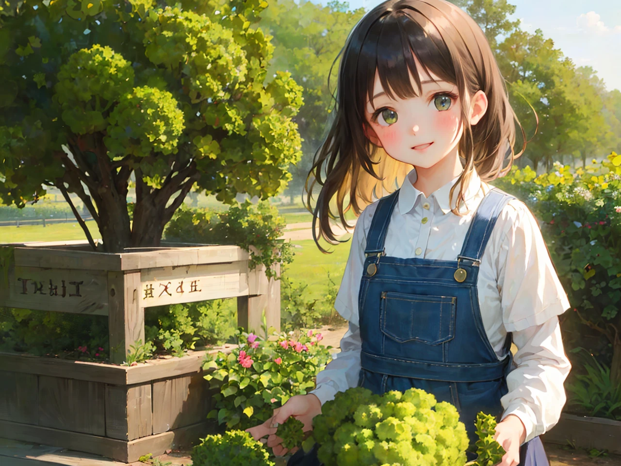 1girl, Generate an image featuring a girl holding a head of broccoli in a natural setting, such as a garden or a farm. The girl should have a happy expression and the broccoli should appear fresh and healthy. The overall mood of the image should be bright and cheerful.
 <lora:1girl_Viscuit12:1>