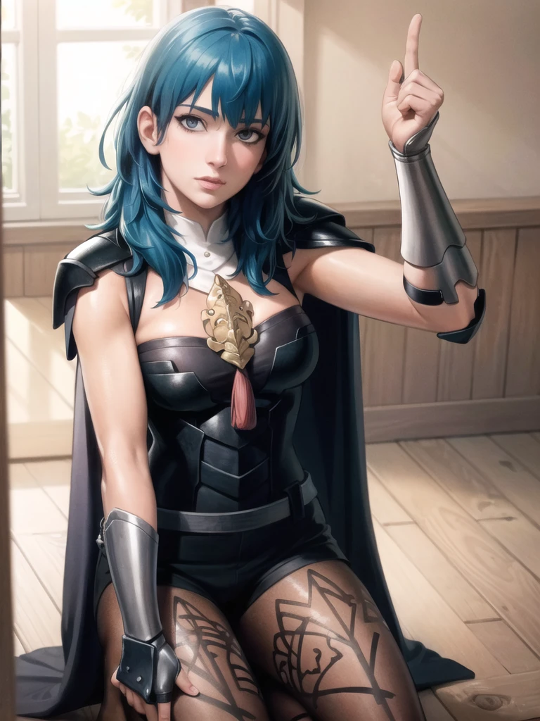 masterpiece, (realistic:1.4), hyperrealistic, best quality, perfect image, solo, kneeling on one knee, indoors, byleth (female), shoulder armor, cape, breastplate, shorts, belt, gauntlets, patterned pantyhose, blue hair, tassel