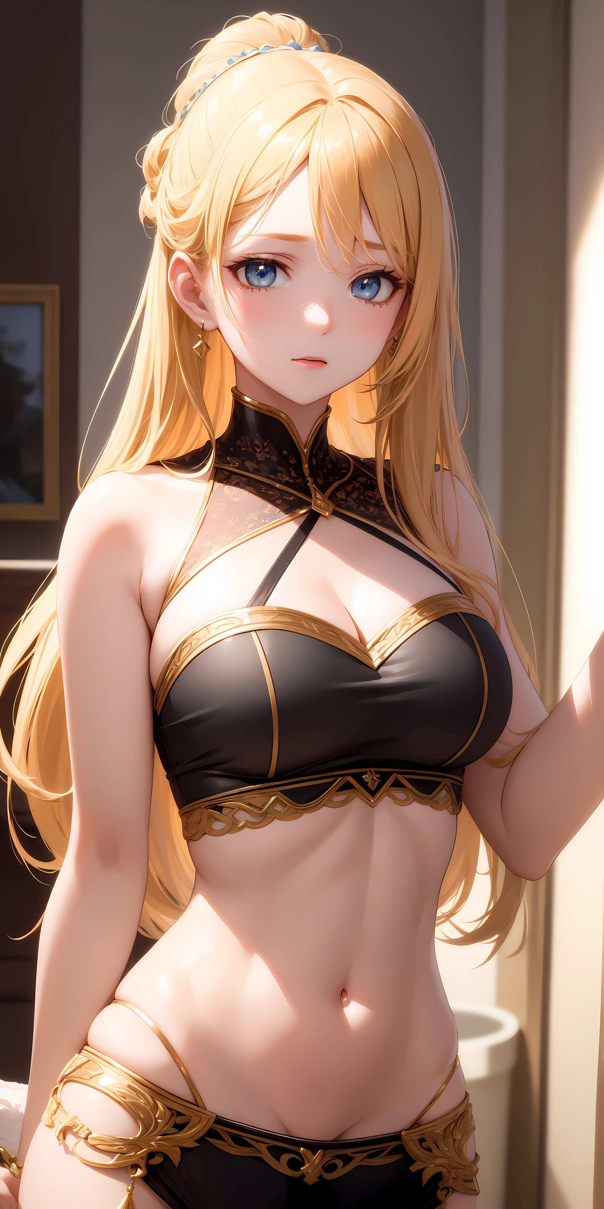 (masterpiece:1.2, best quality), (finely detailed beautiful eyes: 1.2), masterpiece*portrait, glowing eyes, shiny hair, lustrous skin, solo, embarassed, (midriff),