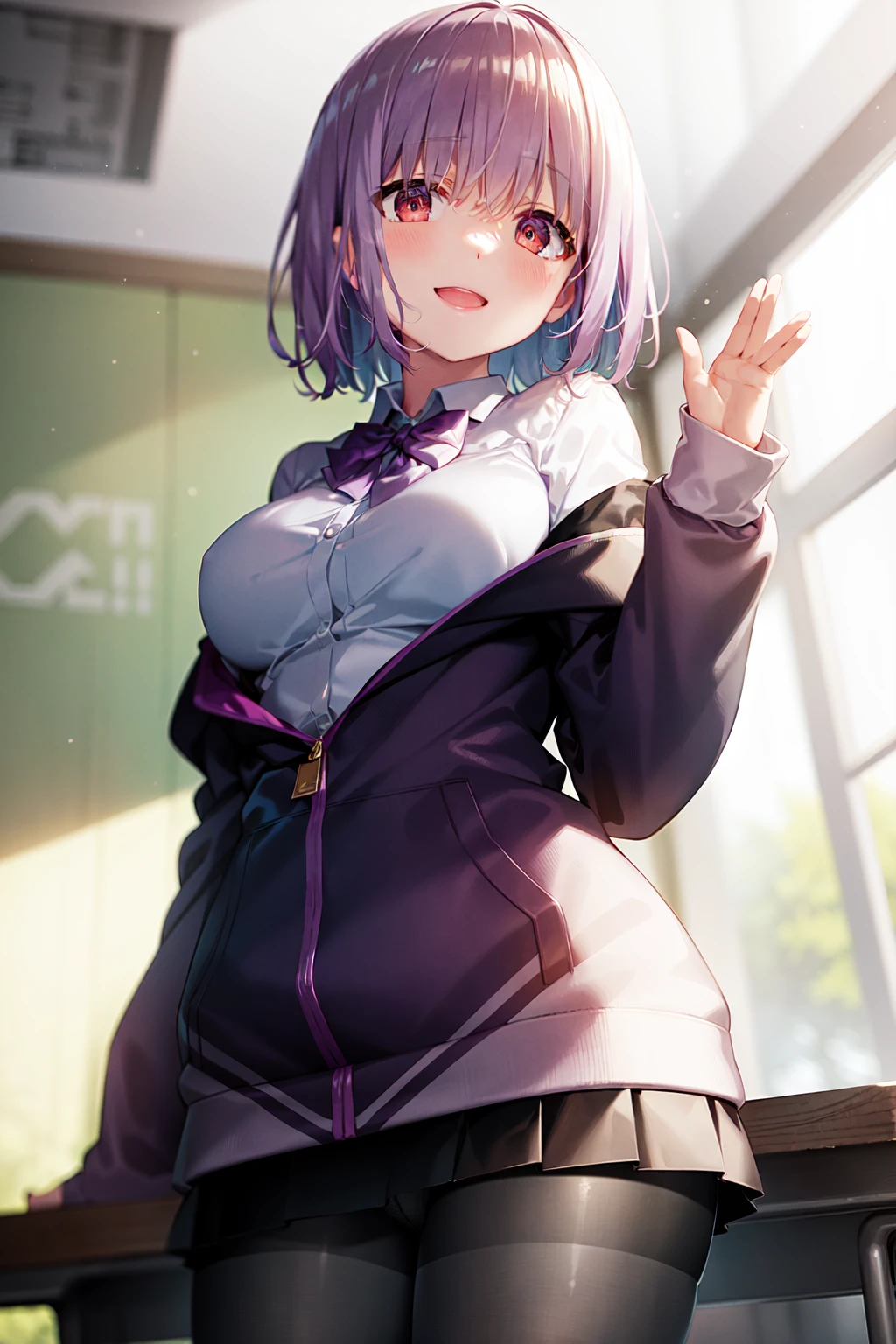 masterpiece, best quality, highres, shinjou akane, 1girl, solo, pantyhose, shirt, bow, skirt, purple jacket, jacket, white shirt, long sleeves, short hair, black skirt, collared shirt, black pantyhose, open clothes, bowtie, purple bow, breasts, bangs, red eyes, pleated skirt, off shoulder, open jacket, sleeves past wrists, light purple hair, purple bowtie, miniskirt,  <lora:shinjou_akane_v2:0.6>,  cowboy shot, classroom, waving, smile,