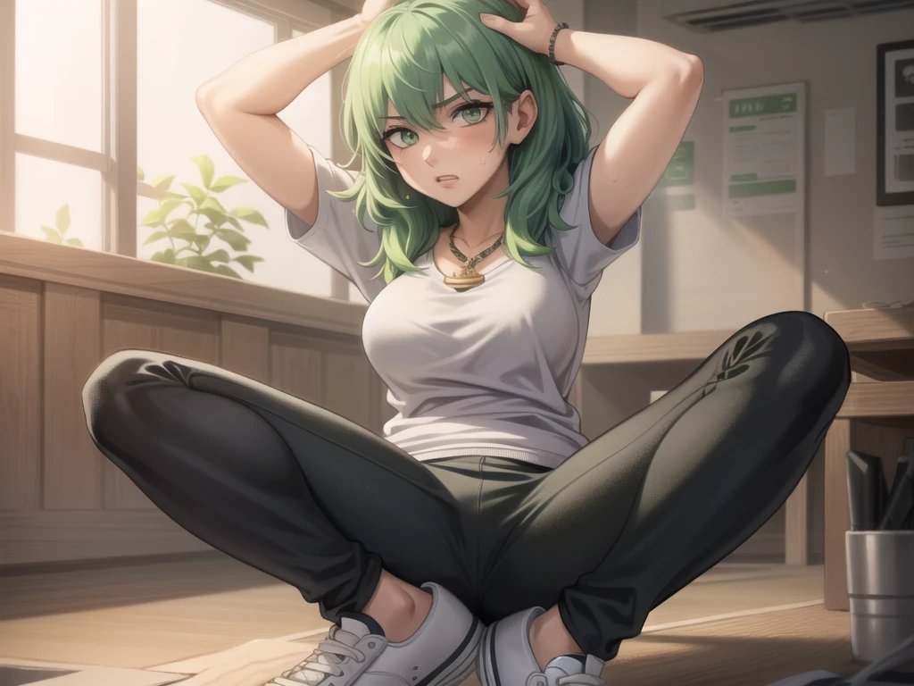 (masterpiece, best quality, 1girl, solo), byleth (female), (light green hair:1.3), green eyes, casual clothes, sweatshirt, sweatpants, sneakers, gymnasium, amulet, stretching