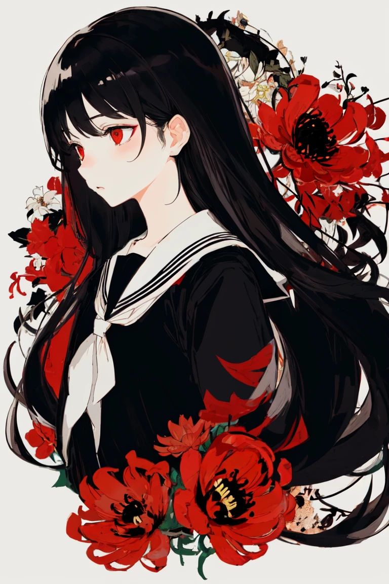 masterpiece, best quality, flat color, limited palette, low contrast,
1girl, serafuku, long straight black hair,
lycoris flower, goat skull,
(red, black)