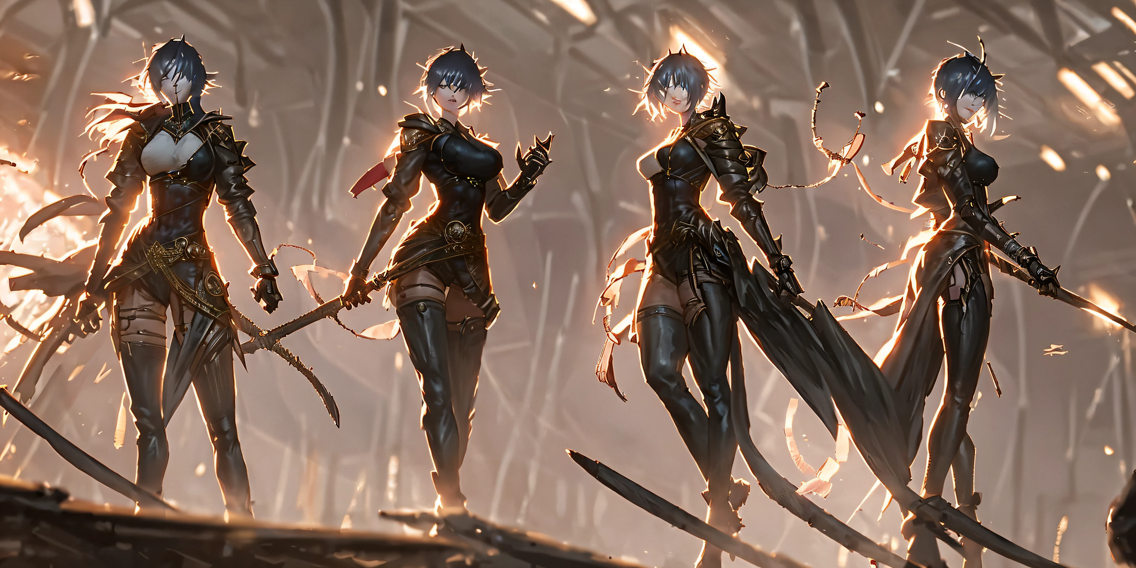 DBfantasyart, masterpiece, 1girl, 8K resolution, cinematic render of beautiful female character design, (slender figure:1.3), stylish techwear, dark colored stockings, sorceress fashion, fantasy adventurer, fashionable, concept art, messy hair, highly detailed, smirk