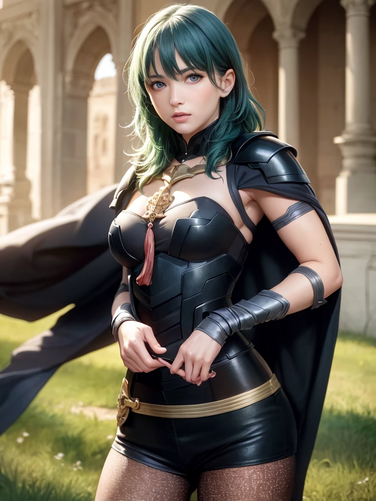 masterpiece, (realistic:1.4), hyperrealistic, best quality, perfect image, solo, standing in a castle, byleth (female), shoulder armor, cape, breastplate, shorts, belt, gauntlets, patterned pantyhose, lime green hair, green eyes, tassel