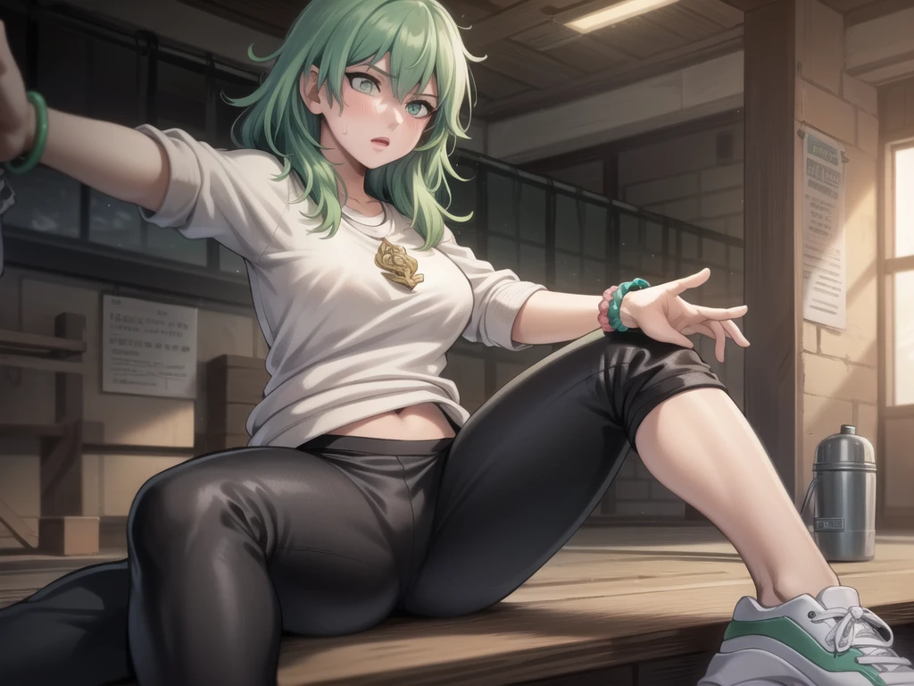 (masterpiece, best quality, 1girl, solo), byleth (female), (light green hair:1.3), green eyes, casual clothes, white sweatshirt, black sweatpants, sneakers, gymnasium, amulet, stretching