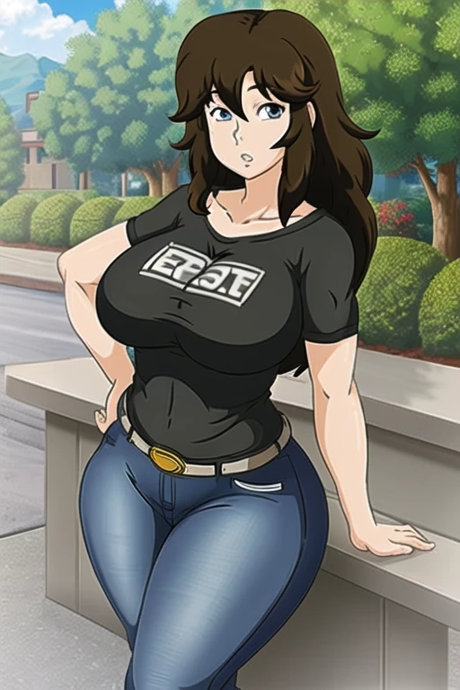 masterpiece, best quality, <lora:NeverSaintv2:0.7>, never saint, mature female, solo, 1girl, jeans, black t-shirt, brown hair, big hair, large breasts, belt, blue eyes, thick thighs, outdoors, hair over eyes,