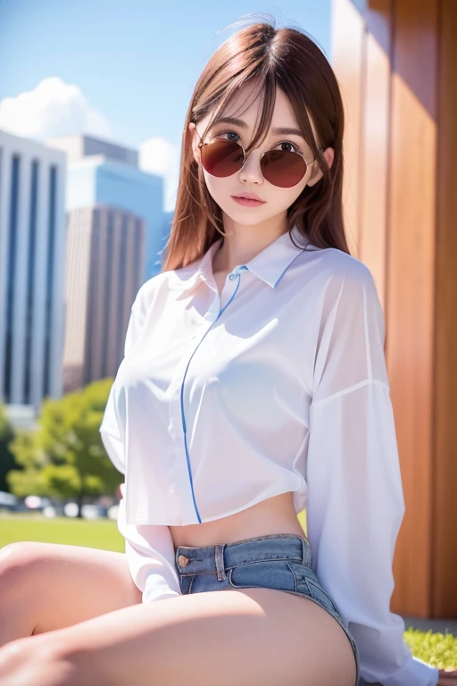 best quality, white skin, real human skin, (detailed fac), oval face, pores, ultra high res, (8k, RAW photo, photorealistic:1.4), 1girl, slim, (looking at viewer with a serene and goddess-like happiness:1.2), ( lipgloss, eyelashes, gloss-face, best quality, ultra highres, Broad lighting, natural shading), oversized jacket, fashion shirt,  cityscape,  <lora:EastAsiaDollLikeness_V4:0.8>