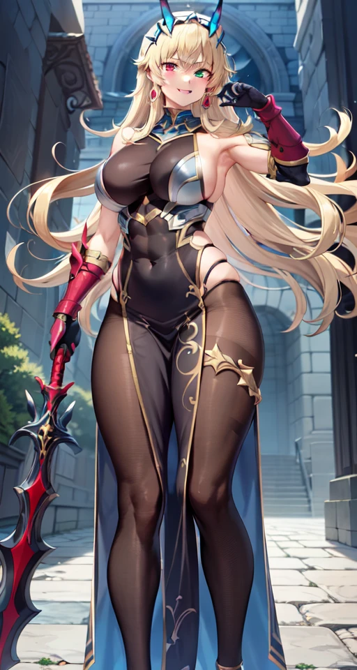 ((masterpiece,best quality, detailed)), ultra-detailed, detailed hair, hard rim lighting,((dramatic lighting)),sharp focus,1girl,Mygawain,heterochromia, fairy knight gawain \(fate\), heterochromia, breasts, red eyes, pantyhose, muscular female, black dress, horns, shoulder armor, dress, armor, chain, single pauldron, muscular, solo, brown pantyhose, pauldrons, weapon, sideboob, sword, single gauntlet, pelvic curtain, large breasts, looking at viewer, gauntlets, bangs, thighs, full body, smile, biceps, abs, gloves