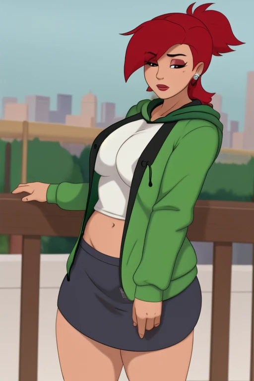 masterpiece, best quality, <lora:DiscreenVision:.65>, discreen vision, <lora:FrankieFoster:.6> frankie foster, pleated skirt, green hoodie, open hoodie, zipper, outdoors, city, shirt under hoodie, open clothes, red hair,