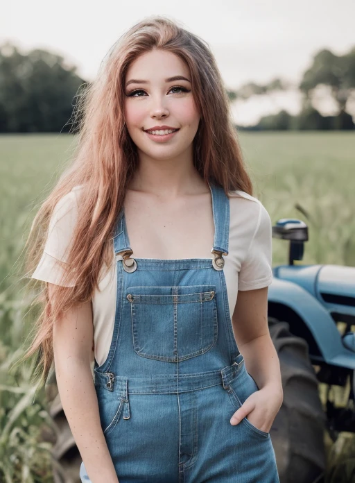 closeup portrait, professional portrait, front lit natural lighting, upper body, facing viewer, mouth open, ((winking)),((one_eye_closed)), beautiful woman (wearing denim overalls), <lora:BelleDelphineNewV4:0.75>, facing viewer, in on a farm, tractor, beautiful pink long hair, Instagram photo, belledelphine