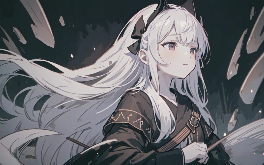 (best quality, masterpiece), (1girl, solo,brown robe, expression face, looking away, sitting, wide sleeves, black eyes, closed mouth, ribbon shape fire on head, long hair, cowboy shot), (Monochrome, night sky at cave entrance , light rising from the bottom, inside Cave, floating glowing bunch of white particles, burning fire at hand, floating many small fires),