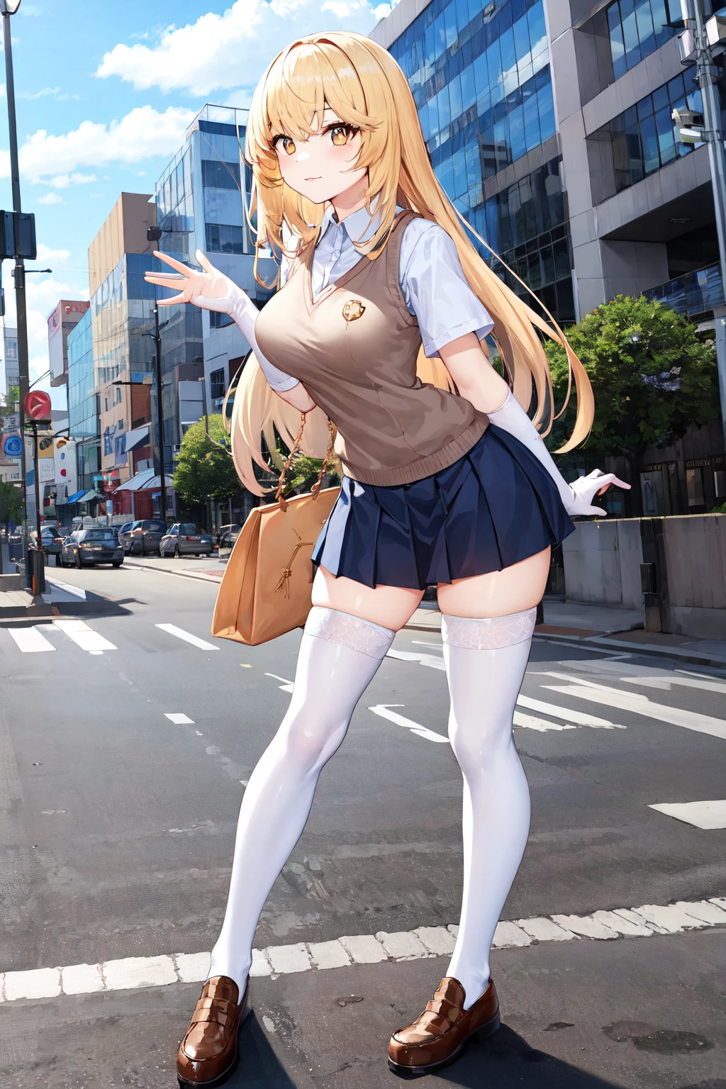 a beauty girl，(blonde with blue eyes)，(21st century)，modern urban，(Youth and liveliness)，Bikini swimsuit，high-heels，(Pubic bone)，(White knee-length socks)，Stand on the road，(A sea of people)，Background a lot of people，(With a smile)，(huge tit)，(pubes)