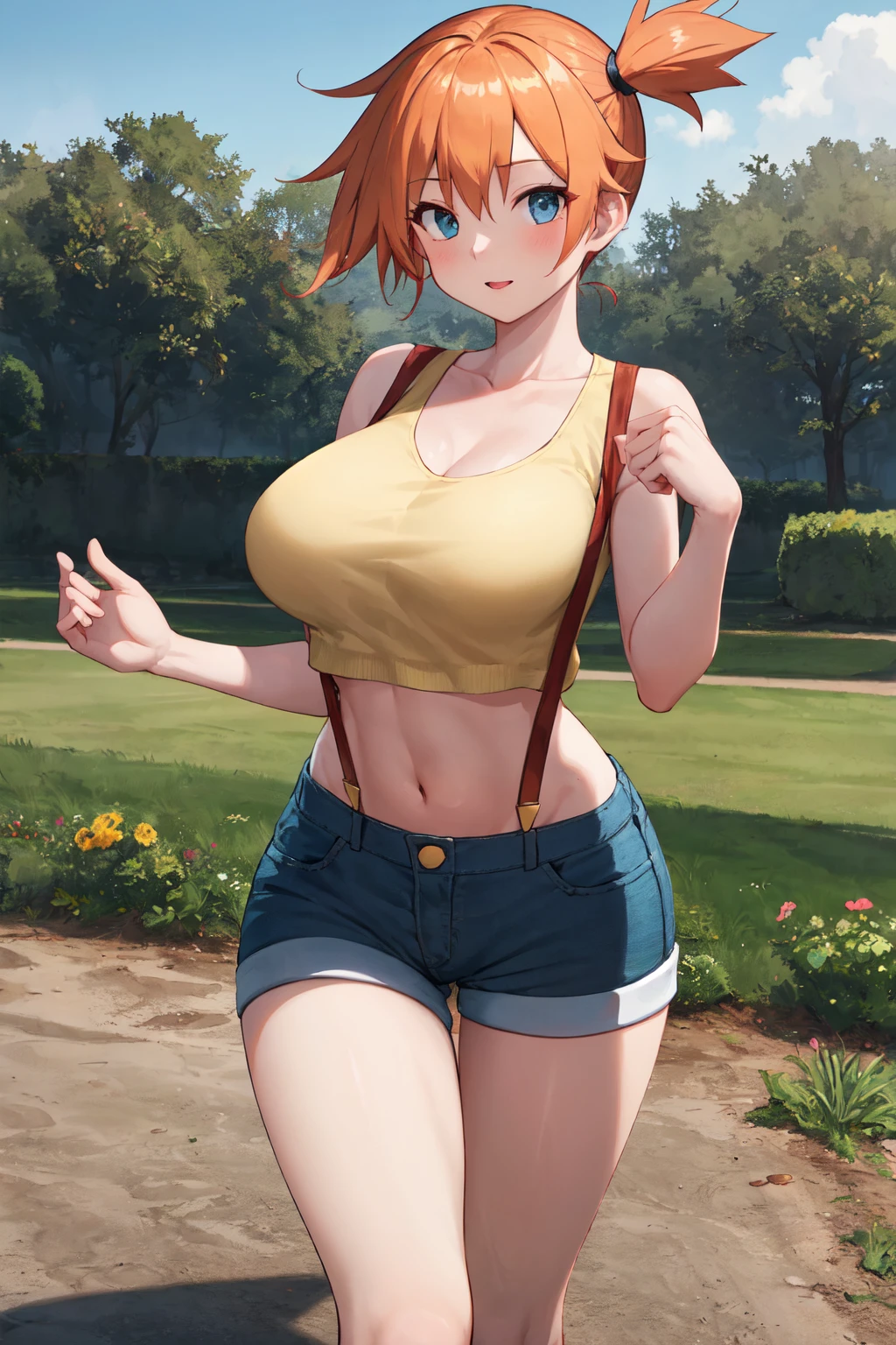 masterpiece, best quality, highres, 1girl, misty (pokemon), orange hair, solo, shorts, suspenders, side ponytail, orange hair, midriff, yellow crop top, navel, short hair, denim, denim shorts, large breasts, <lora:misty_(pokemon)_v10-000003:0.5>, cowboy shot, garden,