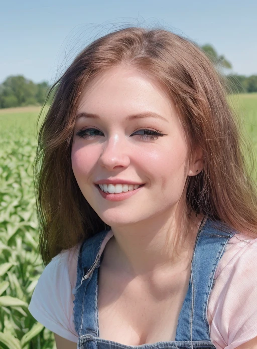 closeup portrait, professional portrait, front lit natural lighting, upper body, facing viewer, mouth open, ((winking)),((one_eye_closed)), beautiful woman (wearing denim overalls), <lora:BelleDelphineNewV4:0.75>, facing viewer, in on a farm, tractor, beautiful  pink long hair, Instagram photo, belledelphine