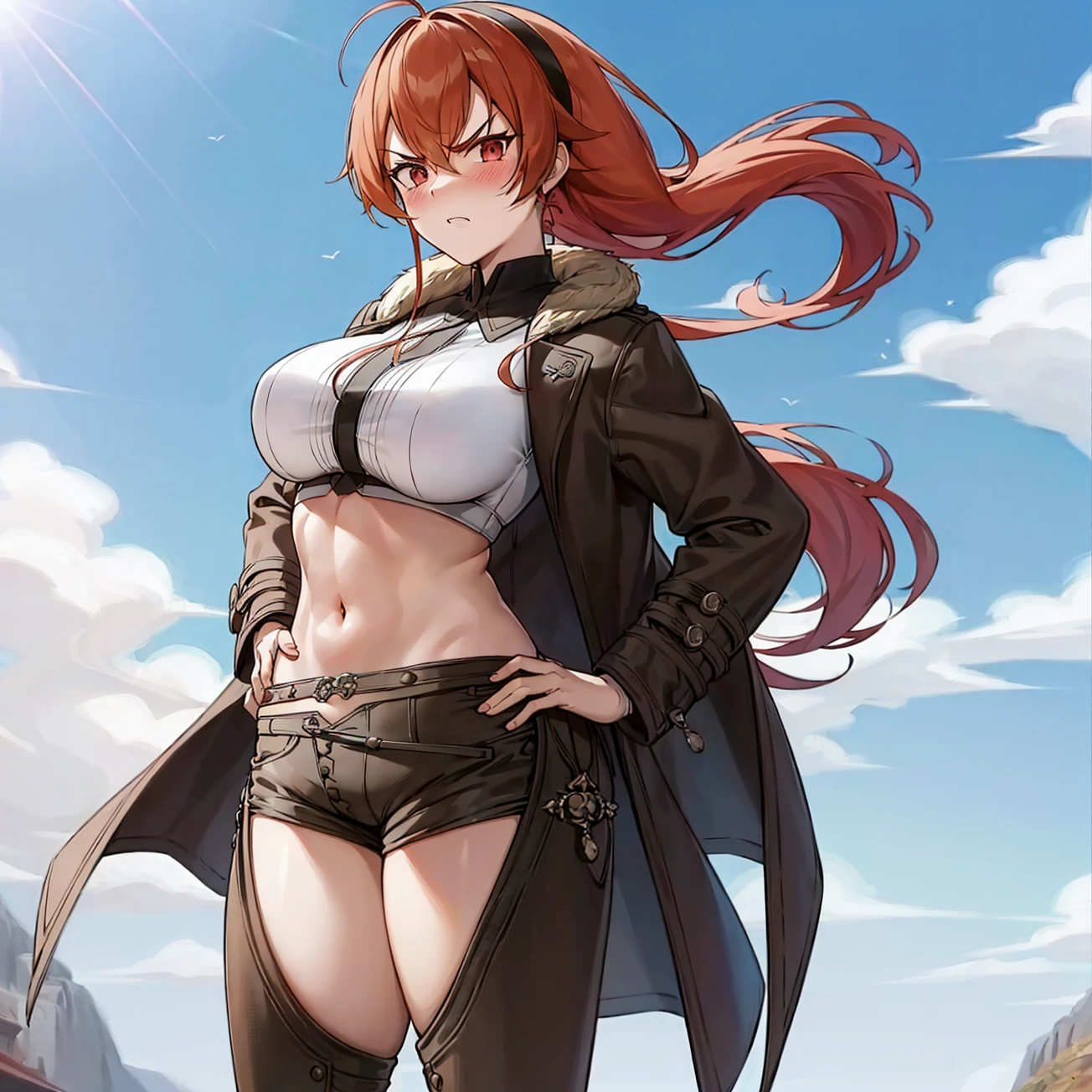 best quality, highres, absurdres, ultra-detailed,  <lora:ErisV14:1>, Adult_Eris, 1girl,  red_hair, solo, long_hair, breasts, large_breasts, red_eyes, brown_chaps, brown_shorts, navel, hairband, brown_coat_white_fur, midriff,  hand_on_hip, inner_thighs, annoyed, tsundere, glaring