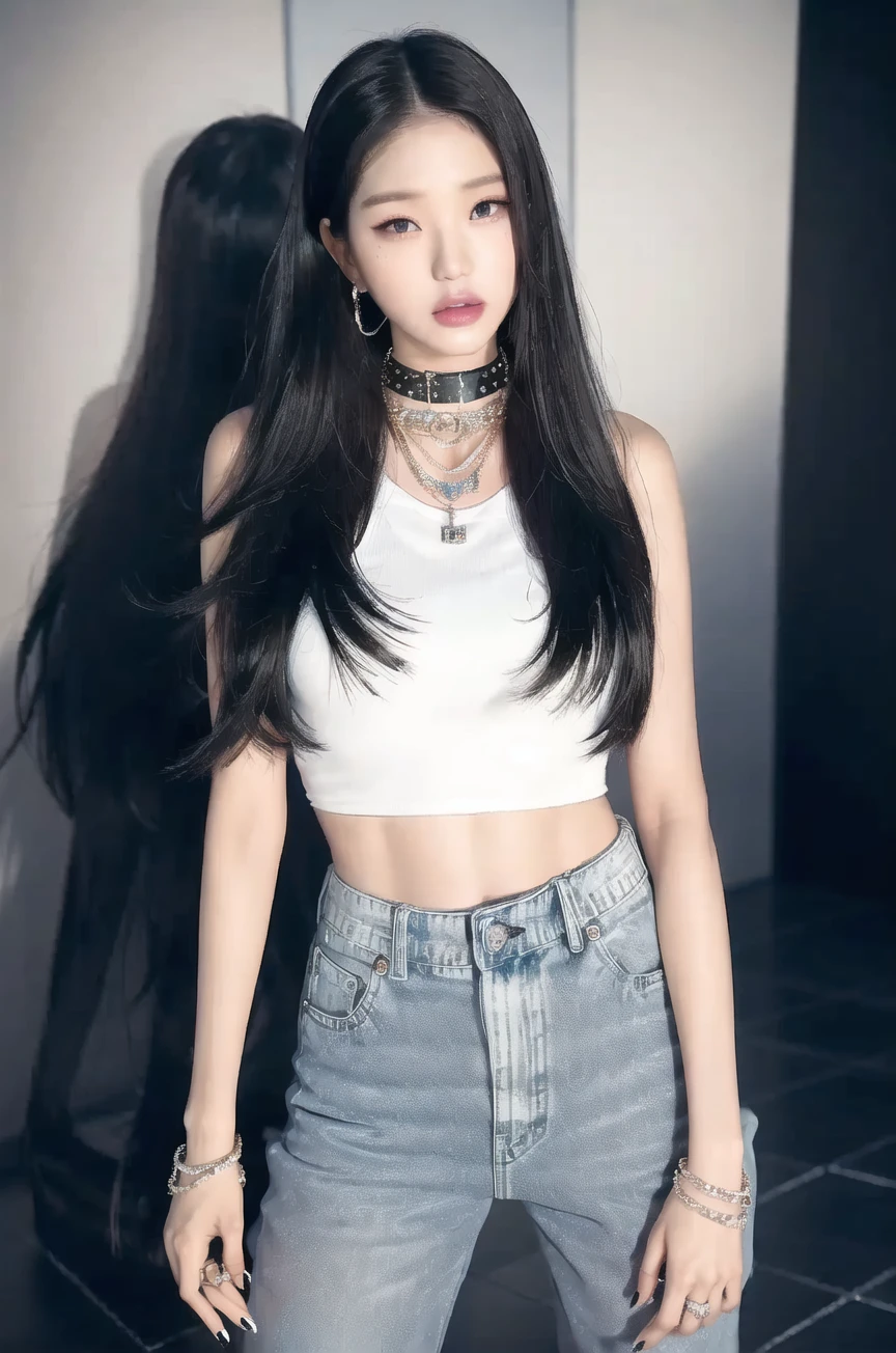 <lora:wonv1A:0.7>, Jang Wonyoung, 1girl, black hair, black nails, bracelet, choker, denim, jeans, jewelry, lips, long hair, midriff, nail polish, navel, necklace, pants, realistic, ring, solo, arms behind back