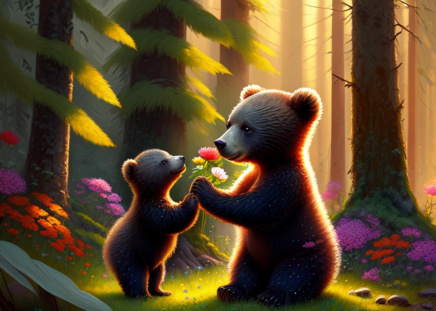 digital painting of a baby bear sniffing a tall flower in a forest, warm lighting, vivid colors