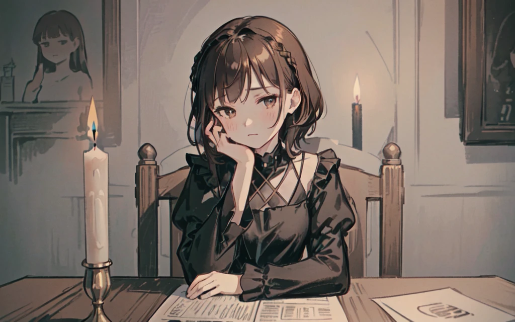 (best quality, masterpiece), (1girl, solo, black dress, sitting , looking at viewer, brown hair, soft smile face,  brown eyes, closed mouth, upper body) , ( table, castle on the table, paper, electromagnetic wave, candle,mug),