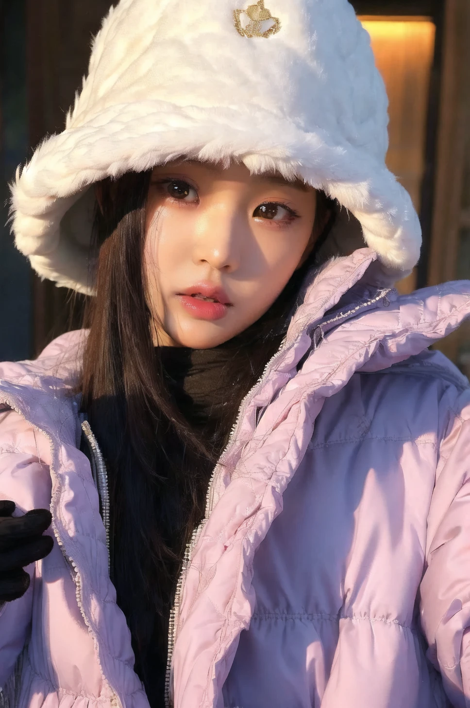 <lora:wonv1A:0.7>, Jang Wonyoung, 1girl, asian, brown eyes, closed mouth, fur hat, fur trim, hat, jacket, lips, looking at viewer, mole, realistic, solo, upper body
