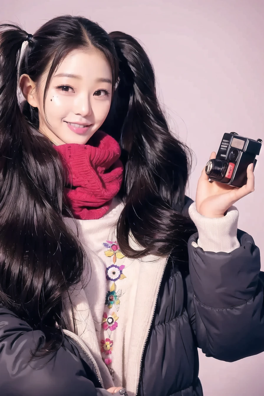 <lora:wonv1A:0.7>, Jang Wonyoung, 1girl, black hair, brown eyes, camera, holding, holding camera, lips, long hair, mole, nose, scarf, smile, solo, twintails
