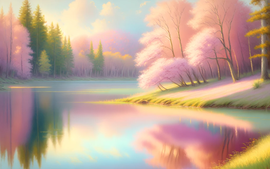 (pastel painting)+ of a grand lake, soft colors, magical, warm, volumetric lighting, soft focus